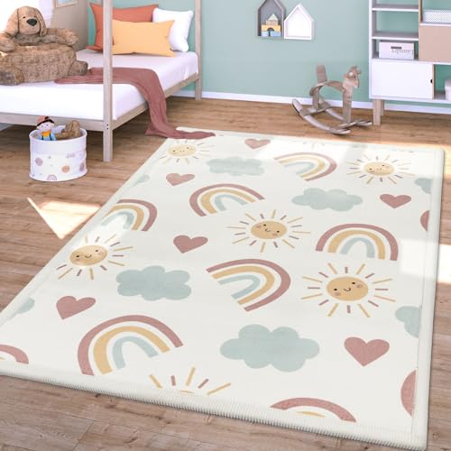 TT Home Waschbarer Teppich Krabbelmatte Babyzimmer Kinder rutschfest Flauschig Punkte, Farbe:Rosa Blau Gelb, Größe:160x220 cm von TT Home