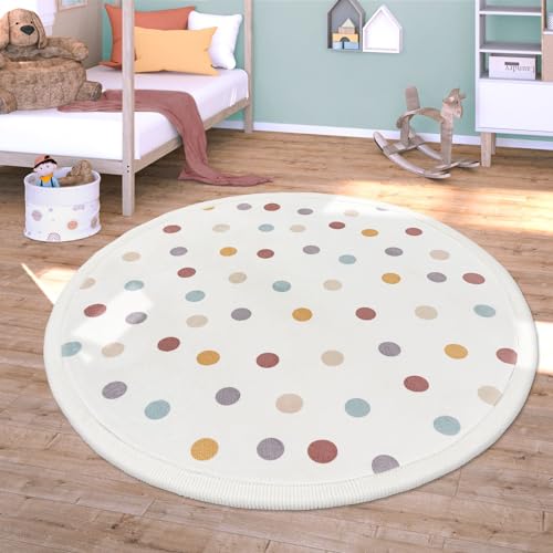 TT Home Waschbarer Teppich Krabbelmatte Babyzimmer Kinder rutschfest Flauschig Punkte, Farbe:Blau Gelb Creme, Größe:120 cm Rund von TT Home