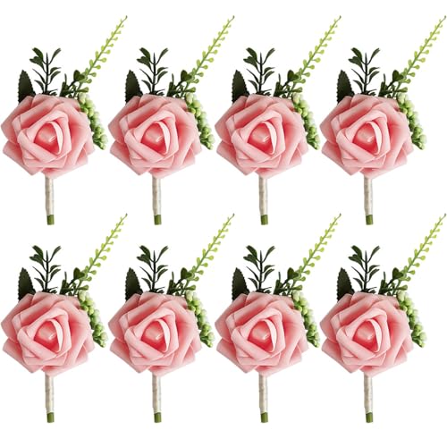 TTBDDM 8 Stücke Hochzeit Boutonniere, Rose Blumen Anstecker, Hochzeit Rose Blumen Anstecker, Bräutigam Boutonniere, für Braut, Bräutigam, Brautjungfern, Trauzeugen, Gäste, Rosa von TTBDDM