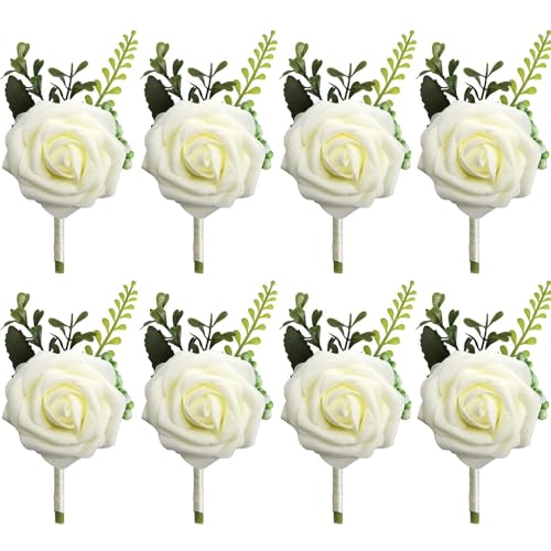 TTBDDM 8 Stücke Hochzeit Boutonniere, Rose Blumen Anstecker, Hochzeit Rose Blumen Anstecker, Bräutigam Boutonniere, für Braut, Bräutigam, Brautjungfern, Trauzeugen, Gäste, Weiß von TTBDDM