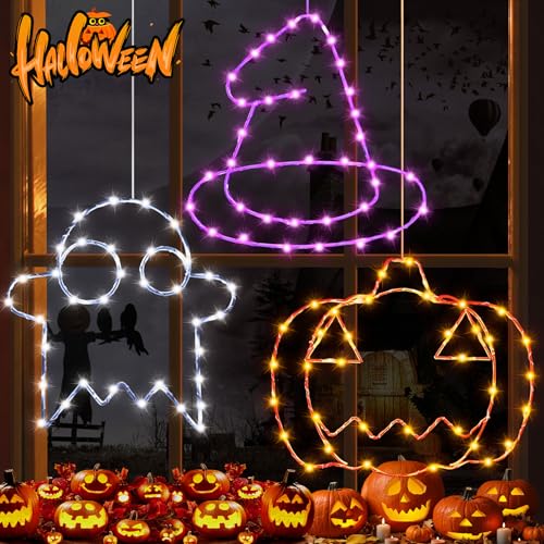 Halloween Fenster lichter, 2024 Upgrade Halloween Deko Lichterkette,3 pcs Kürbis Hexenhut Geist Halloween Fensterlichter Timer,8 Modi Fensterdeko Lichter Batteriebetriebene für Innen Außen Garten von TTCOTOKE