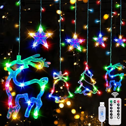 LED Lichtervorhang Weihnachten, 2024 LED Lichterkette Lichtervorhang，Ip44 Wasserdicht Lichtervorhang Weihnachten Fenster, 8 Modi LED Sterne Lichterkette Party, Garten, Balkon, Fenster von TTCOTOKE