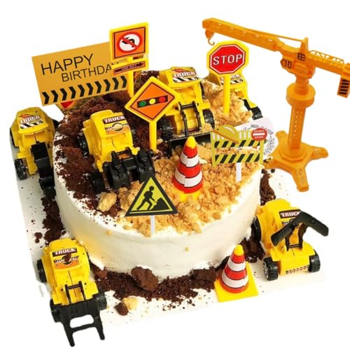 Kuchen Deko Baustelle Set, 18 Stück Bagger Tortendeko, Bagger Kuchendeko Auto, Baufahrzeug Cupcake Topper, Verkehrsschilder Spielzeug, für Kinder Geburtstag Party Dekoration von TTDCQQID