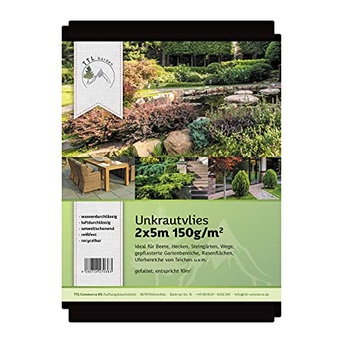 TTL Garden 10m² 2m x 5m Unkrautvlies 150g/m² - reißfestes Gartenvlies wasserdurchlässig extra UV-stabil & atmungsaktiv - Mulchvlies Vlies Folie gegen Unkraut - 2m breit 5m lang schwarz von TTL Commerce