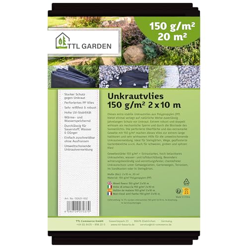 TTL Garden 150g/m² Unkrautvlies 20m² 2m x 10m - wasserdurchlässig & extra reißfest 10x 2m breit Gartenvlies - UV-stabile Wurzelsperre Mulchvlies Garten Vlies Folie gegen Unkraut von TTL Commerce