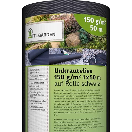 TTL Garden 150g/m² Unkrautvlies 50m² 1x50m Rolle - wasserdurchlässig & extra reißfest 50 x 1m breit Gartenvlies auf Rolle - UV-stabile Wurzelsperre Mulchvlies Garten Vlies Folie gegen Unkraut von TTL Commerce