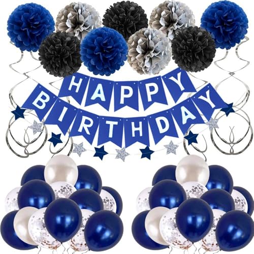 TTPSRY Geburtstagsdeko Set Blau Happy Birthday Banner Latexballons PapierblumenbäLle Papiersternwimpel für Geburtstagsparty & Feier(Silber) von TTPSRY