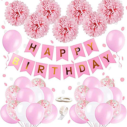 TTPSRY Geburtstagsdeko für Mädchen Rosa Wimpel PapierblumenbäLle Latexballons Party Deko für Mädchengeburtstag & Babyshower(Rosa) von TTPSRY