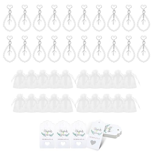 TTTLLNN Elegantes Baby-Taufgeschenk-Set, Kreuze, Perlen, Schlüsselanhänger-Set für Hochzeit und Babyparty, mit Organza-Beuteln von TTTLLNN