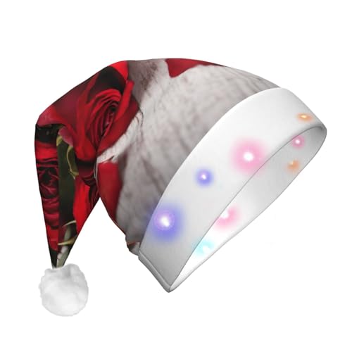 TTYDOKLA Weihnachtsmütze mit roten Rosen, Blumendruck, LED-Weihnachtsmütze für Erwachsene, beleuchtet, festlich, modisch, Weihnachtsmannmütze, Weihnachtsdekoration von TTYDOKLA