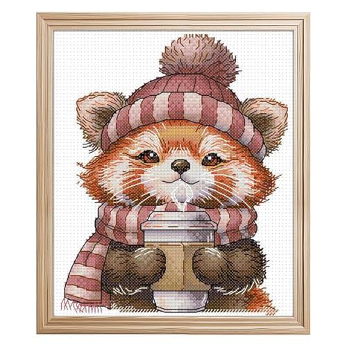 TUCANA Gestempelte Kreuzstich-Sets – Kleiner Panda, trinkt Kaffee, 14 Stränge, 2 Stränge, geprägte Muster, Kreuzstich, Stickerei, Handarbeitsset, Zubehör, 19,1 x 22,1 cm von TUCANA