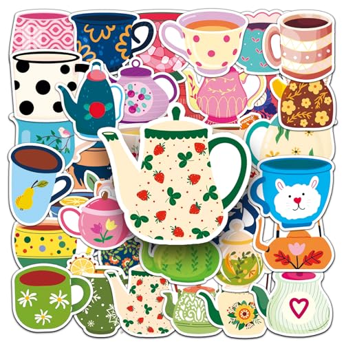 50Stück Tasse Teekannen Aufkleber für Fahrrad,Motorrad,Laptop, Auto,Stoßstange,Kühlschrank,Niedliche Wasserdicht Vinyl Aufkleber, Jugendliche Erwachsene Teenager Geschenk,Cartoon Cup Teapot Sticker von TUIOBUN