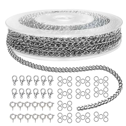 10M Gliederkette Meterware Silber Kette Rolle 3mm Dünne Edelstahlkette Schmuckherstellungsketten mit 12 Stück Karabinerverschlüssen 12 Stück Federverschlüsse 50 Biegeringe Edelstahl Schmuck Zubehör von TUIOLUI