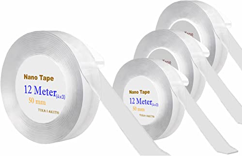 [12m x 5cm] Doppelseitiges Nano KlebeBand Spurlos Waschbar Abnehmbar Wiederverwendbar, Befestigung Klebeband Multifunktional, Extra Starke Klebekraft Wasserdicht Transparent 12 meter(4x3) TKD5045-4x von TUKA-i-AKUT