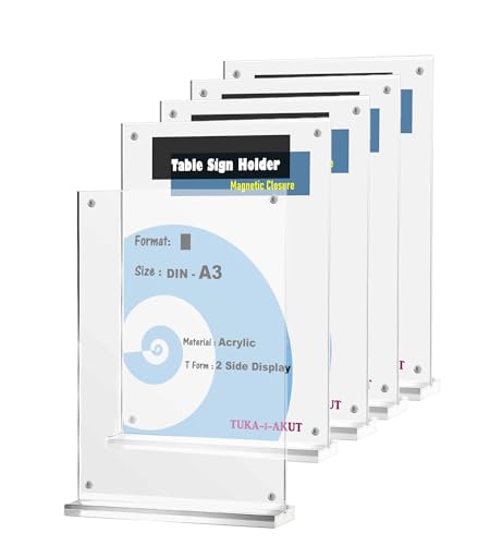 TUKA-i-AKUT 5x A3 Hoch Tischaufsteller Acryl Transparent mit Magnetverschluß, Doppelseitig Display Prospekthalter Flyer Aufsteller Tisch Werbeaufsteller, Glasklar Acrylglas T-Ständer TKD8241-A3-H-5x von TUKA-i-AKUT