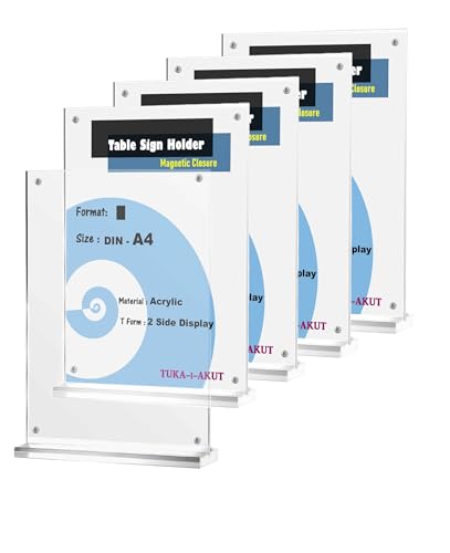 TUKA-i-AKUT 5x A4 Hoch Tischaufsteller Acryl Transparent mit Magnetverschluß, Doppelseitig Display Prospekthalter Flyer Aufsteller Tisch Werbeaufsteller, Glasklar Acrylglas T-Ständer TKD8241-A4-H-5x von TUKA-i-AKUT