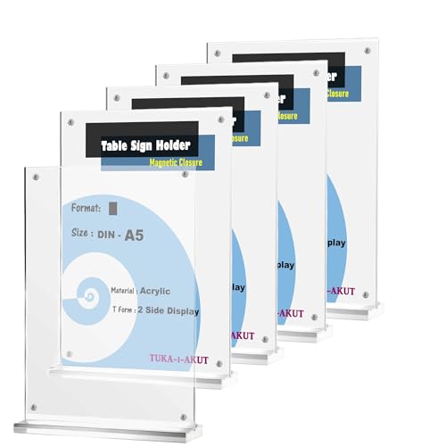 TUKA-i-AKUT 5x A5 Hoch Tischaufsteller Acryl Transparent mit Magnetverschluß, Doppelseitig Display Prospekthalter Flyer Aufsteller Tisch Werbeaufsteller, Glasklar Acrylglas T-Ständer TKD8241-A5-H-5x von TUKA-i-AKUT