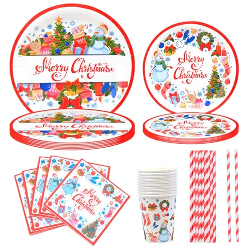 50-teiliges Geschirr-Set "Merry Christmas Tree Snowman", Weihnachts-Party-Geschirr, Dekorationen, 10 Gäste, Weihnachtsteller, Servietten, Becher, Strohhalm, Papierservietten für Weihnachtsgeschirr, von TULEBOLIAN