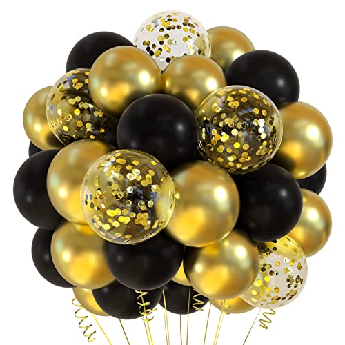 TUPARKA 12 Zoll Schwarz-Gold-Konfetti-Luftballons Set 60 Stück Metallic-Gold-Schwarz-Partyballons für Geburtstage, Abschlussfeiern, Babypartys, Hochzeitstage, Partyzubehör von TUPARKA