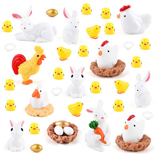 TUPARKA 40Pcs Tiere Miniaturfiguren, Osterkaninchen Miniaturfiguren, Hühnerfiguren, Hahn, Henne, Ei, Hühnernest Ornamente für Fairy Garden Cake Cupcake Toppers Osterfeierdekoration von TUPARKA