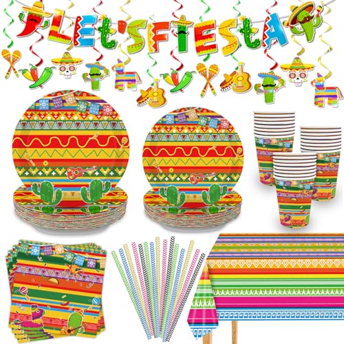 134-teiliges mexikanisches Fiestas-Party-Dekorations-Geschirr-Set für 24 Personen, Cinco de Mayo Party-Dekorationen umfassen 22,9 cm und 17,8 cm Pappteller, Servietten, Becher, Strohhalme, hängende von TURNMEON