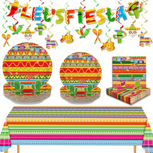 86-teiliges mexikanisches Partydekorations-Geschirr-Set, inklusive Pappteller, Dessertteller, Servietten, hängende Wirbel, Tischdecke, Banner für Cinco de Mayo, Dekorationen, von TURNMEON