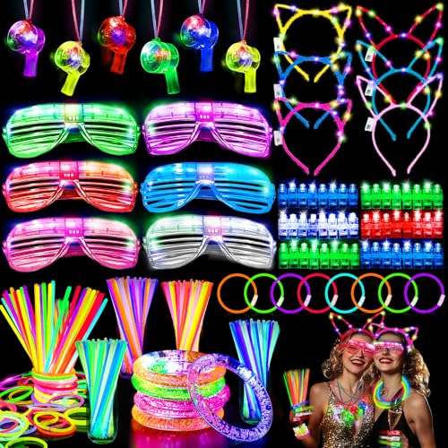 Partyzubehör für Silvester, leuchtet im Dunkeln, mit 6 LED-Brillen, 6 leuchtenden Stirnbändern, 12 blinkenden Armbändern, 6 Geräuschmacher-Halsketten, 100 Leuchtstäben, Neon-Partygeschenke für von TURNMEON