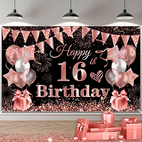 16. Geburtstag Dekoration Schwarz Roségold, Große 16. Schild Poster Foto Stand Hintergrund Geburtstagsfeier Banner, Schwarz und Roségold 16th Geburtstagsbanner für Jungen Mädchen Jubiläum Party Deko von TUTUXMA