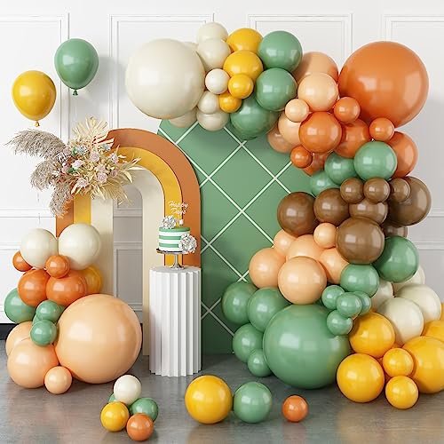 Luftballons Girlande, 101 Stück Sage Grün Orange Gelb Ballons Girlande Set, Grün Aprikose Weiß Latex Ballons, Grün Beige Partyballons Set für Retro Boho Hochzeit Baby Shower Party Geburtstag Deko von TUTUXMA