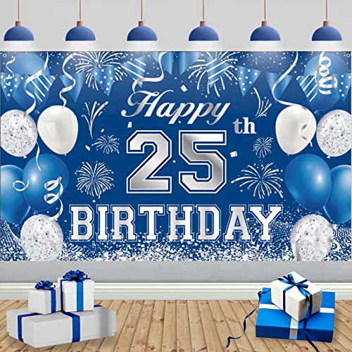 TUTUXMA 25. Geburtstag Banner Deko, 25. Blau Silber Große Hintergrund Geburtstagsbanner, 25. Geburtstag Stoff Schild Geburtstagsfeier Dekorationen Banner für 25. Mann Geburtstag Jubiläum Party Deko von TUTUXMA