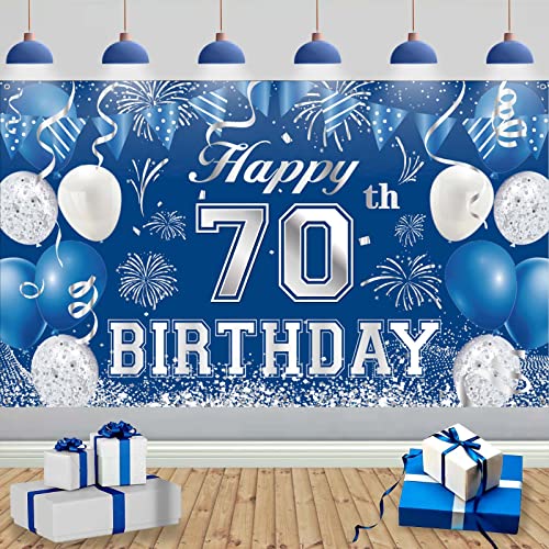 TUTUXMA 70. Geburtstagsfeier Dekorationen Banner für Männer, 70. Geburtstag Deko Banner Blau Silber, Extra Groß Stoff 70th Geburtstag Hintergrund Schild Poster Banner für Jubiläum Geburtstagsdeko von TUTUXMA