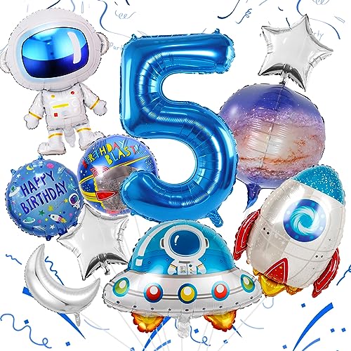 Weltraum Luftballon 5. Kinder Geburtstag Deko Zahl 5 Folienballon Große Astronaut Raketen Raumschiff Luftballons Silber Stern Mond Runde Weltraum Ballons für Junge Weltraum Kindergeburtstag Deko von TUTUXMA