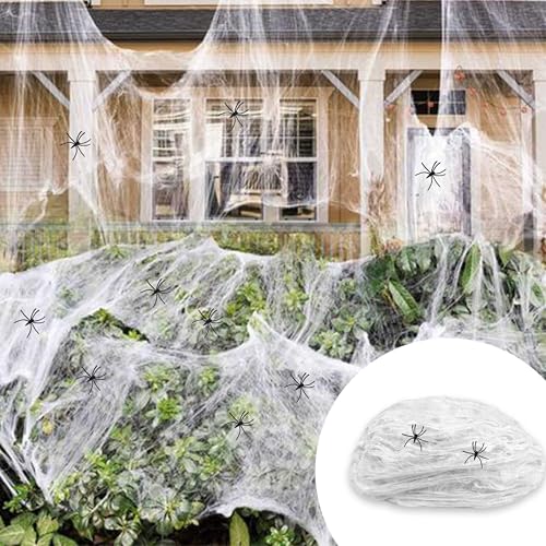 TUZHE Halloween Deko Spinnennetz 200g, Halloween Horror deko Outdoor und Drinnen mit 40 Schwarz Spinnen und 12 Fledermaus 1000m²Indoor Groß Spiderweb gruselig Decoration von TUZHE