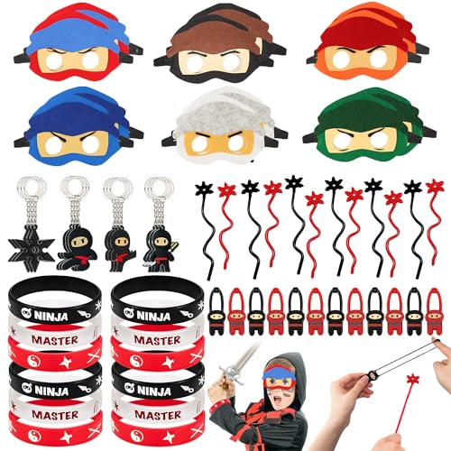 TUZHE Ninja Party Mitgebsel Kindergeburtstag 60 Stück Kindergeburtstag Mitgebsel Ninja Masken Schlüsselanhänger Armbänder Fingerschleuder Fliegendes klebriges Spielzeug für Jungen Ninja Themed Party von TUZHE