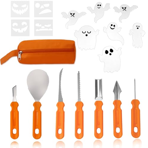 TUZHE 7 STK Halloween Kürbis Schnitzset, Kürbis Schnitzen Set mit 4 PVC schnitzvorlagen und 21 Geister Wandaufkleber DIY Halloween Dekoration Edelstahl Kürbis Schnitzwerkzeuge für Kinder und Familie von TUZHE