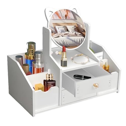 Make up Organizer, Kommoden Aufbewahrungsbox mit Spiegel Weiß aus Holz Zusammenbaubar, Schreibtisch, Kosmetikaufbewahrung, mit Zwei Schubladen, Geeignet für Schminktisch/Schlafzimmer/Badezimmer von TW1TGOFT