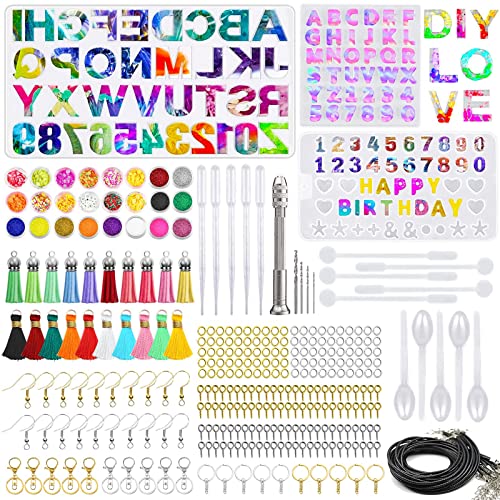 TWBEST Resin Gießharz Silikonform,Resin Silikonform 300pcs,Epoxidharz Resin Silikonformen,Epoxidharz Formen Schmuck Buchstaben DIY Kit für Herstellung Schlüsselkette Ohrringe usw von TWBEST