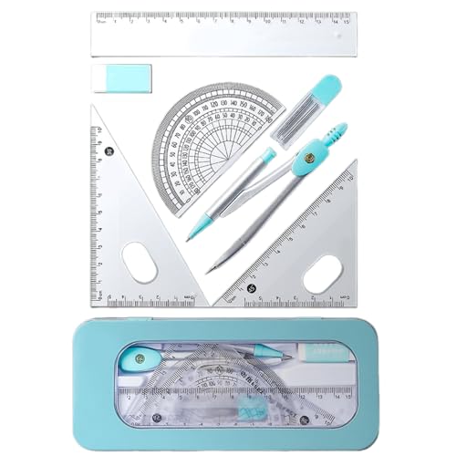 Geometrie-Set für die Schule, Geometrie-Set, mit Geometrie-Werkzeug-Set, quadratischer Radiergummi, Mathematik-Winkelmesser, 7-teilig von TWEW