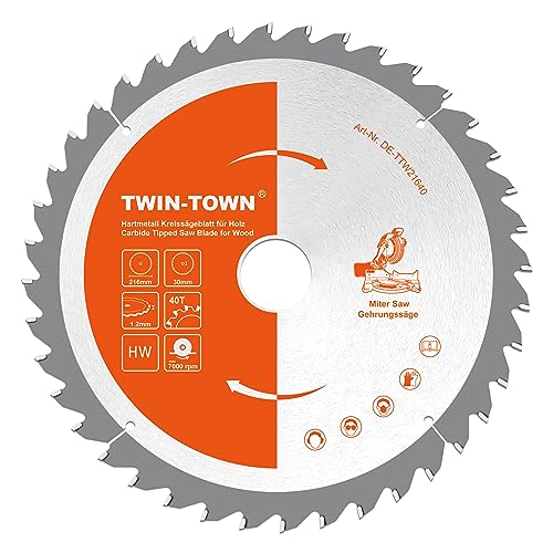 TWIN-TOWN HM Kreissägeblatt Holz 216x30mm Z40, Reduzierring 20 mm, Ideal für Bauholz Naturholz Hartholz Schalholz Faserplatten Leimholz zum Sägen mit Gehrungssäge und Tischkreissäge von TWIN-TOWN