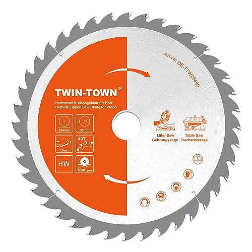 TWIN-TOWN HM Kreissägeblatt Holz 254x30mm Z40, Reduzierring 20 mm, Ideal für Bauholz Naturholz Hartholz Schalholz Faserplatten Leimholz zum Sägen mit Gehrungssäge und Tischkreissäge von TWIN-TOWN