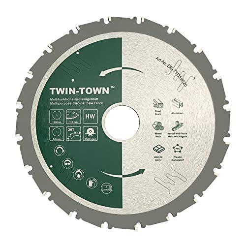 TWIN-TOWN HM Kreissägeblatt Multifunktions 190x30mm Z20, Ideal für Holz, Holz mit Nägeln, Stahl, Aluminium, Acryl, Kunststoff, Laminat und MDF zum Sägen mit Kreissäge und Akkukreissäge von TWIN-TOWN