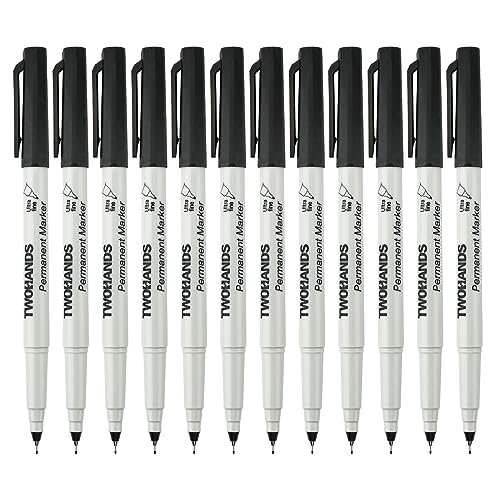 TWOHANDS Permanent Marker Set, 12 Schwarz Marker Stifte mit 0,5mm Ultrafeine Spitze, Wasserfest, Schnell-trocknend, Wischfest, für Karton, Kunststoff, Glas, Holz, Metall, 21618 von TWOHANDS