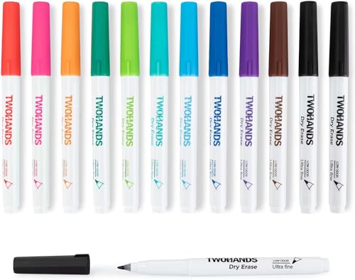 TWOHANDS Whiteboard Marker Set,12 Whiteboard Stifte Dünne Spitze,11 Farben, Rundspitze 0.7mm,Abwischbar - für Flipchart,Magnettafel,Memoboard,20529 von TWOHANDS