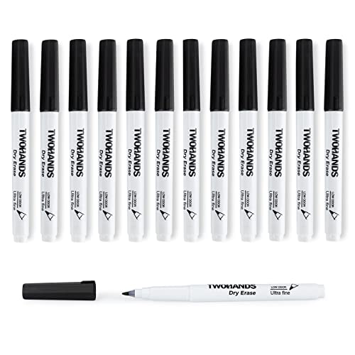 TWOHANDS 12 Stück Schwarz Whiteboard Marker Set, 0,7 mm ultrafeine Spitze, Whiteboard Stifte Abwischbar für Flipchart, Magnettafel, Memoboard, 20536 von TWOHANDS