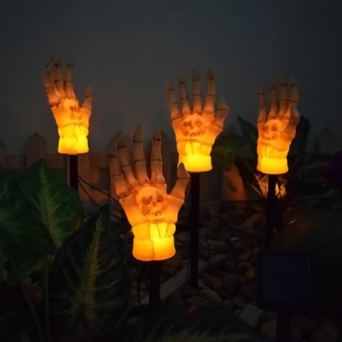 TXDYWZYGS 4 Pack Halloween Solarleuchten für Draußen Wasserdichte Skeletthände Wegbeleuchtung LED Gartenpfähle Lichter für Gartenwegdekoration(Yellow) von TXDYWZYGS