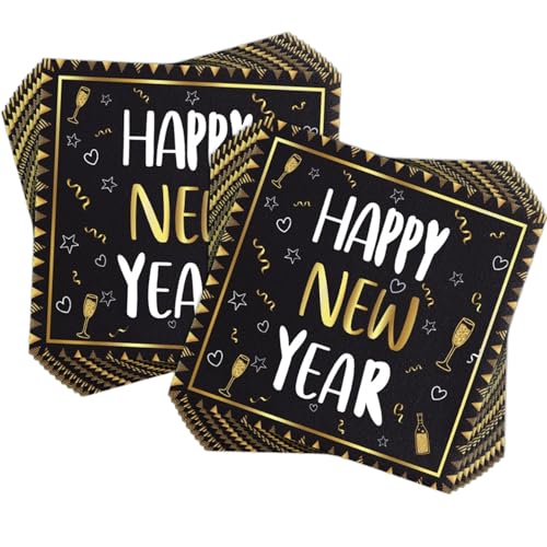 Silvester-Servietten, Frohes neues Jahr, Dekoration, Happy New Year-Servietten, Schwarz und Gold, Papierservietten, Silvester-Party-Zubehör, 40 Stück von TXJJZYZQ