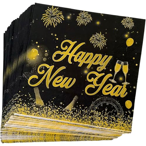 Silvesterservietten, Happy New Year Dekoration, Happy New Year Servietten, Schwarz und Gold, Papierservietten, Neujahrsparty-Zubehör, 40 Stück von TXJJZYZQ