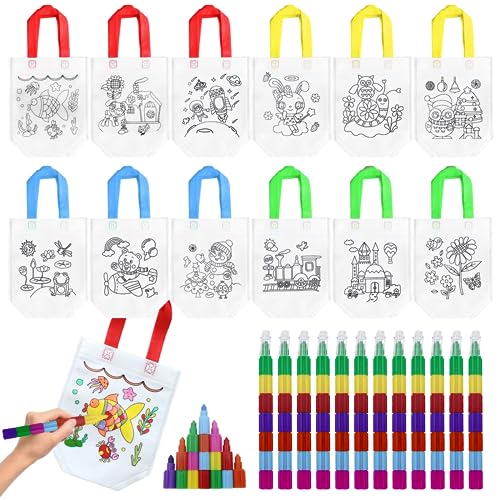 24 PCS Taschen zum Bemalen für Kinder Set, 12pcs Stoffbeutel zum Bemalen für Schüler und 12pcs Stapelbare Wachsmalstifte Non Woven Tasche Zum Bemalen für Schule Geburtstagsparty Kindergeburtstag von GETRICH