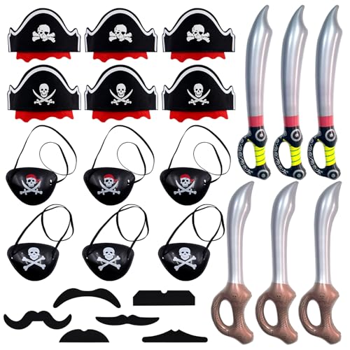 TXS 24 Pcs Piraten Zubehör Kinder Set, 6 Pcs Piratenhut Kinder mit 6 Pcs Augenklappe Pirat 6 Pcs Piratenschwert Kinder und 6 Pcs Fake Bart Pirat Filz Augenklappe Pirat Kinder für Geburtstag Halloween von TXS