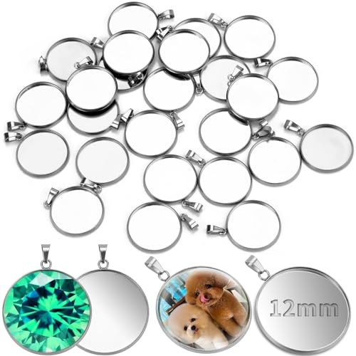 TXXATX 25 Stück Anhänger Tabletts Kit Cabochon Rohlinge 12 mm Edelstahl Anhänger Rohlinge Runde Lünette Rohlinge Tabletts Anhänger Einstellungen für DIY Schmuck Armbänder Ohrring Schlüsselanhänger von TXXATX